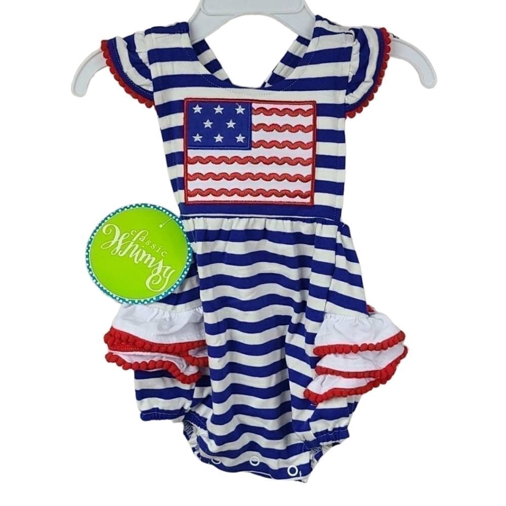 NWT Baby Girl American Flag Appliqué Striped Pom Ruffle Bubble Romper Outfit 3M